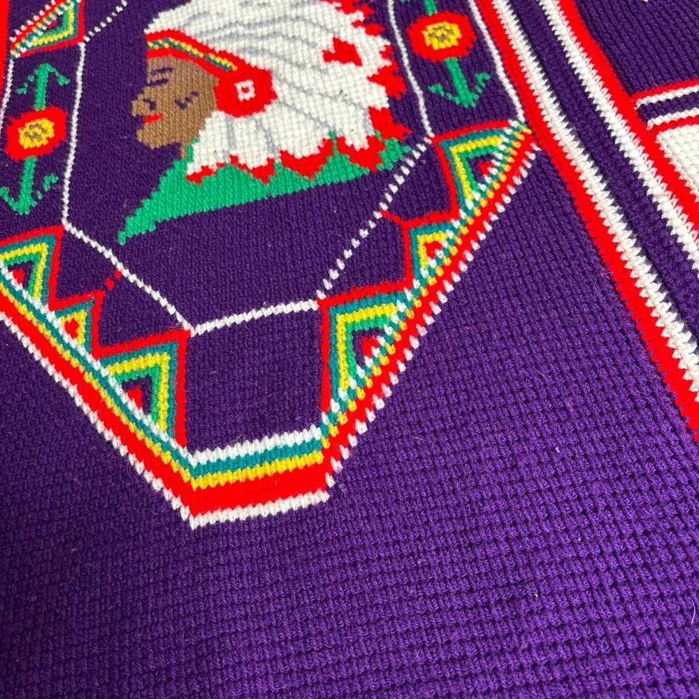 VTG Handmade Chief Crochet Afghan Throw Blanket Purple Thunderbird Star Fringe